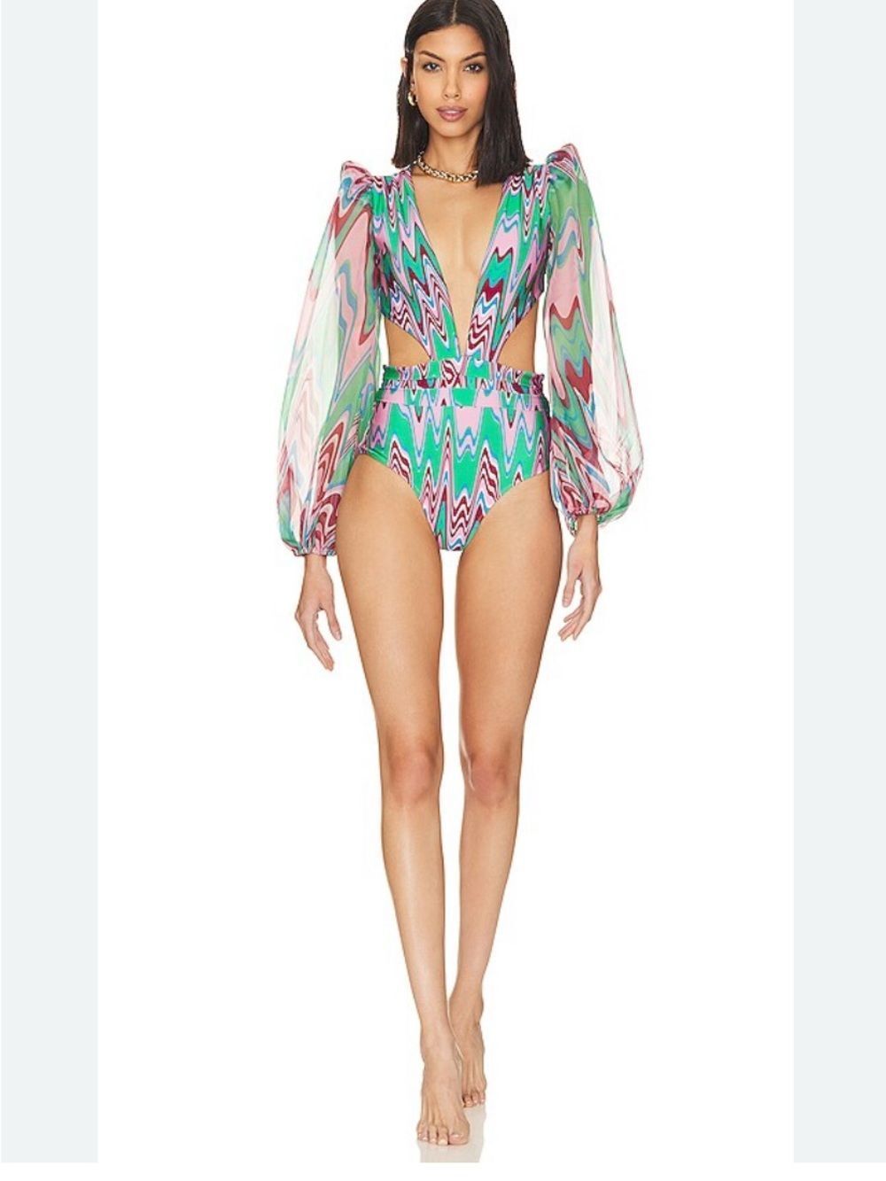 NWT Wave Long Sleeve Cut Out One Piece in Green Multi PATBO